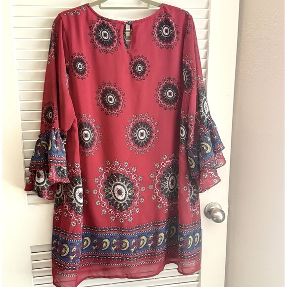 UMGEE Red Paisley Boho Tunic XL Relaxed Fit Tiered Flutter Sleeves Sheer Overlay - Picture 6 of 11